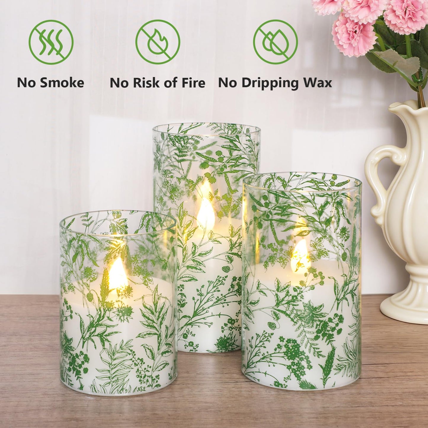 Impress Life Flameless Candles with Remote, 3PC Battery Operated LED Flickering Glass Candles, Real Wax Leaves Candles for Wedding Patry Home Decor