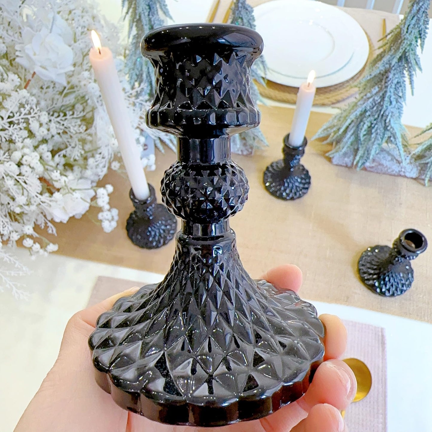 ECHFSM Glass Candlestick Holder,Striped Taper Candle Holders,Set of 6 Candle Stand for Table Centerpieces, Home Decor,Weddings,Festival and Parties (Black Diamond)