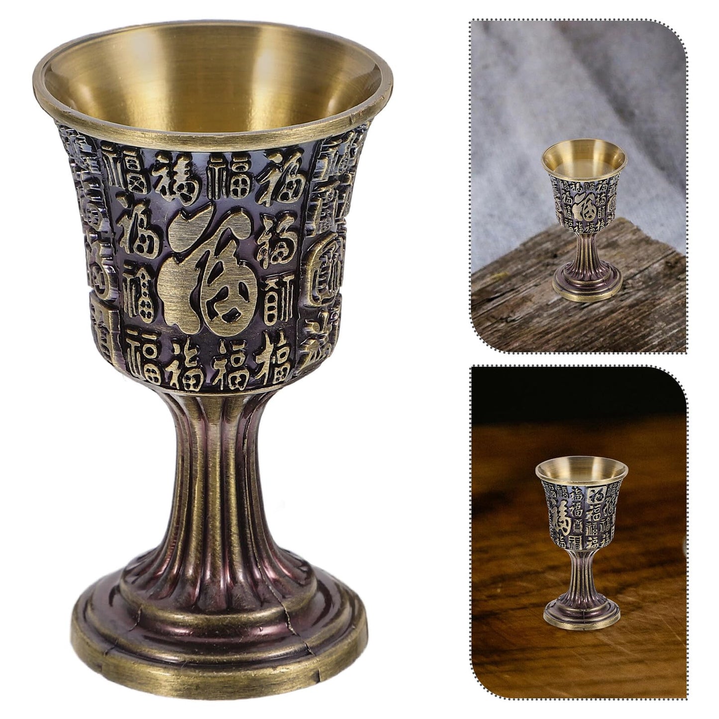JOYOFREELY Vintage Copper Goblet Chalice Fu Character Engraving, Small Bronze Wine Drinking Cup for Home Bar, Traditional Chinese Style Shot Glass