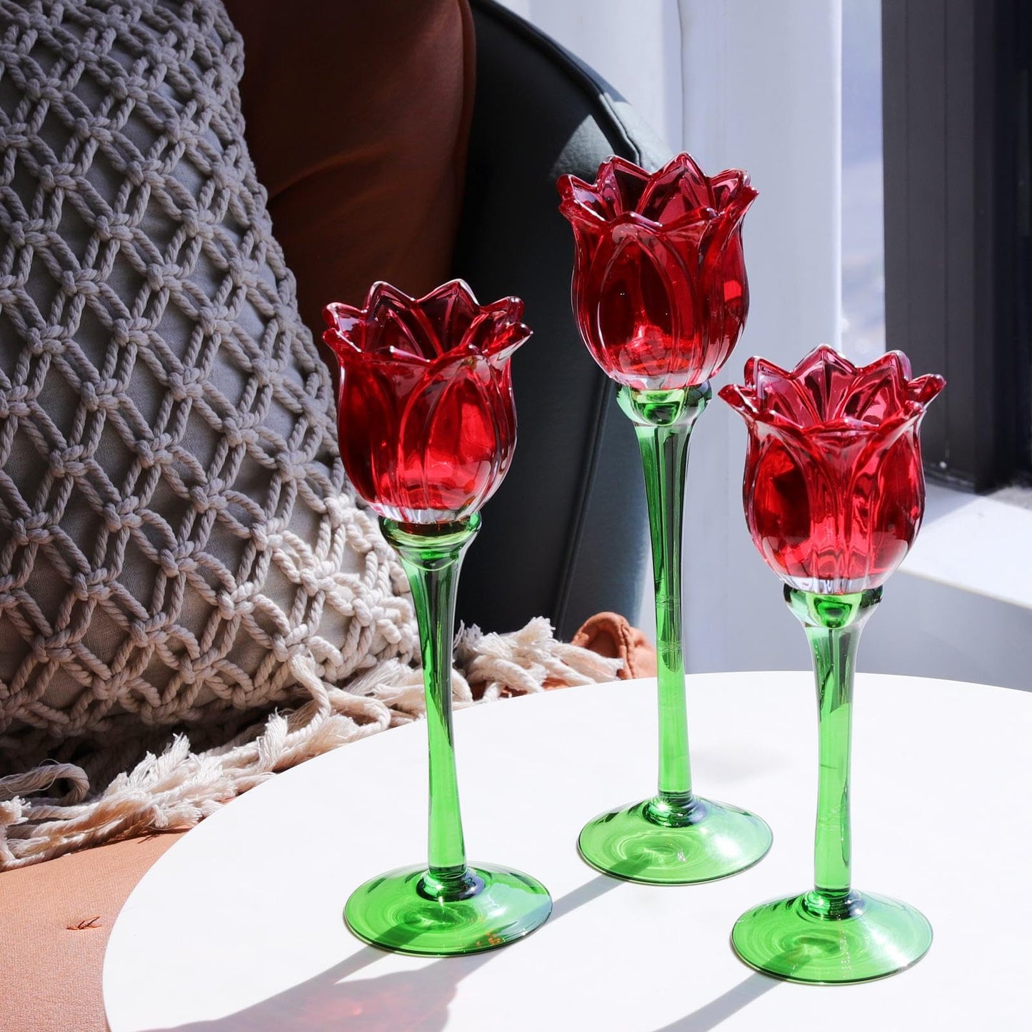 VOHO Red Tulips Candle Holders Gifts for Anniversary, Red Tealight Candle Holder for Christmas Holiday Valentines Decorations, Tulip Tea Light Candle Holders Glass Decor for Romance Tabletop(Set of3)
