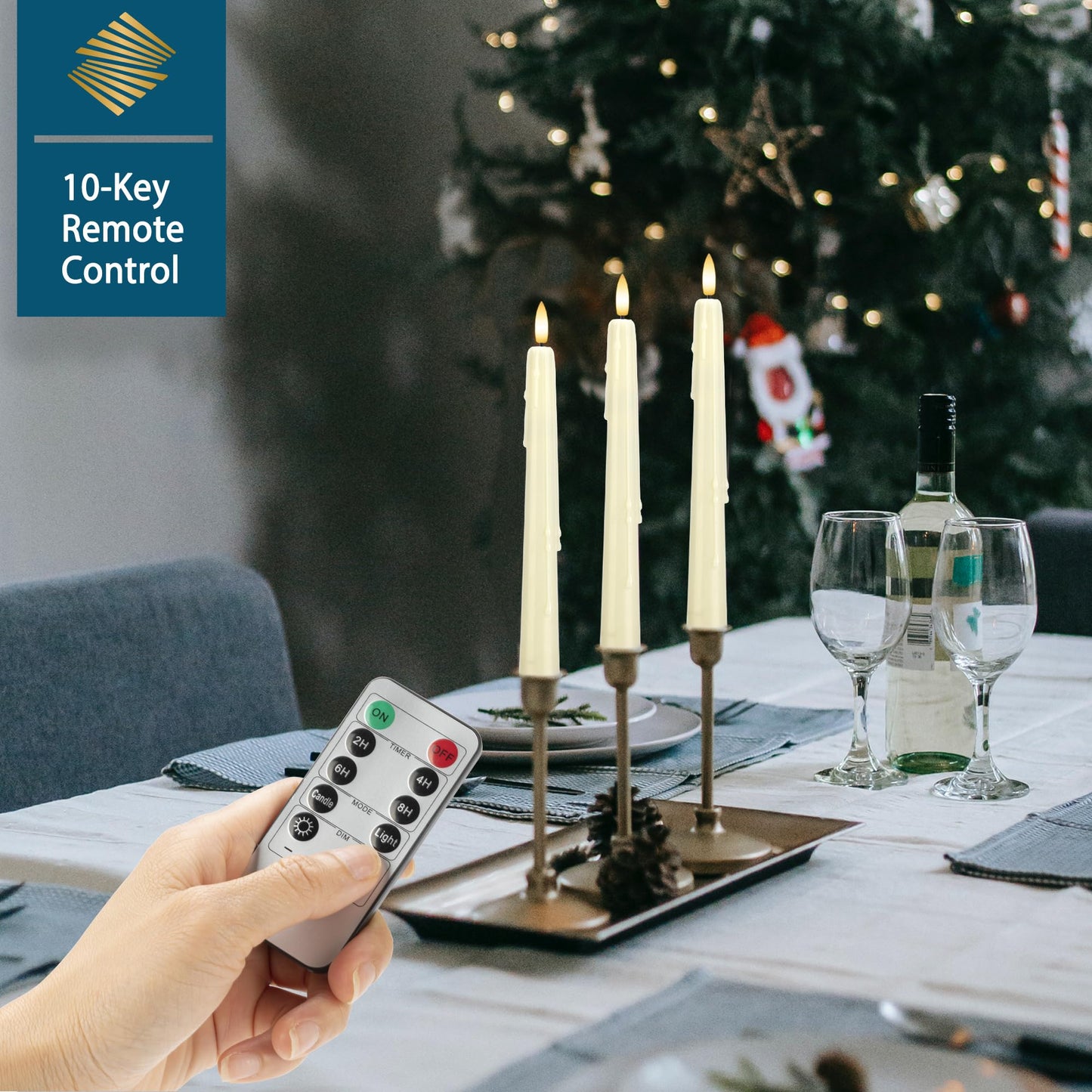 SEHNSY Dripless Flameless Taper Candles with Remote, Real Wax Battery Operated LED Candles Set with 3D Flickering Flame, 9.6" Realistic Dripless Candlesticks for Wedding Home Decor, 3 Pack Ivory