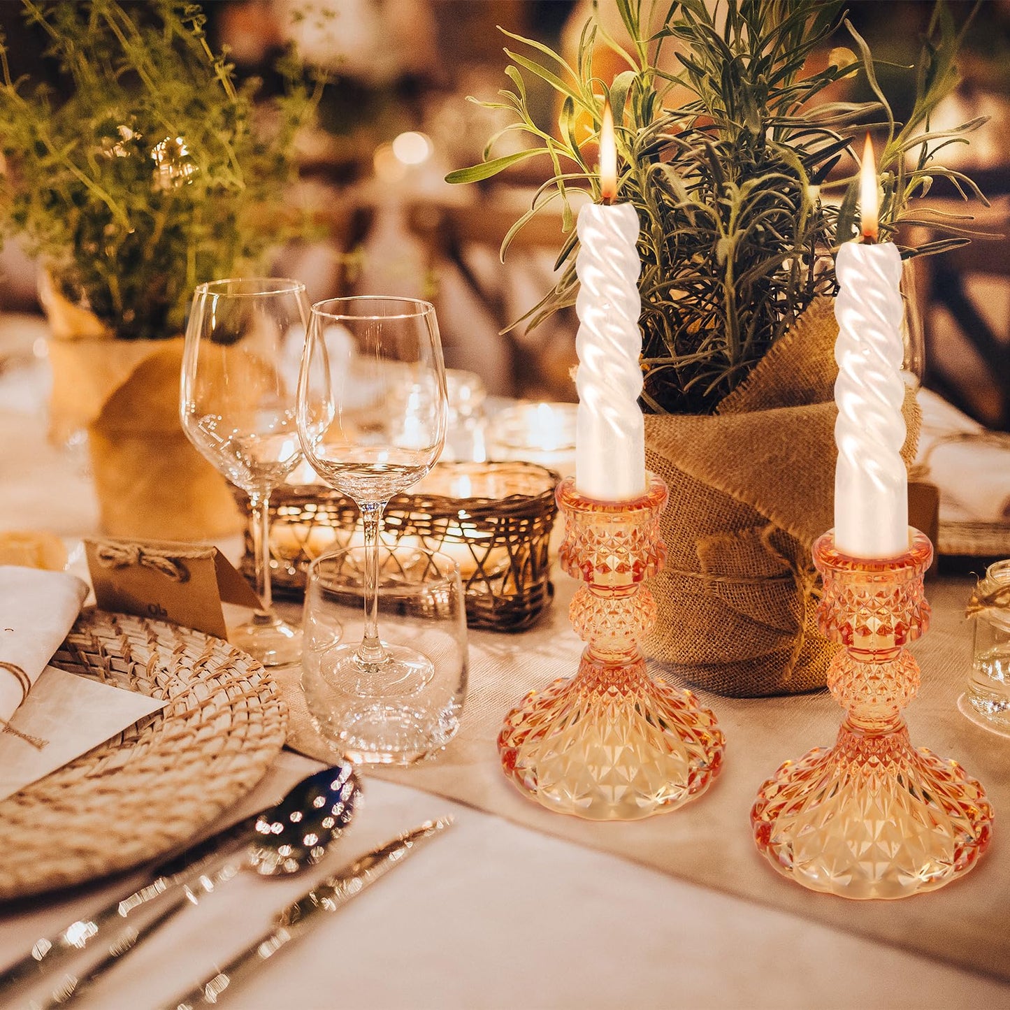 Glass Candle Holder, 2PCS Decorative Candle Sticks Pillar Candle Stand for Formal Events Wedding Party Table Centerpieces Home Decoration, Orange