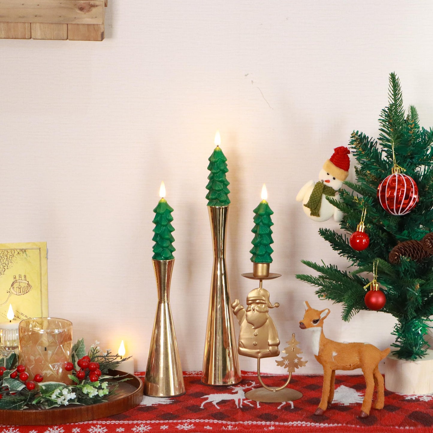 yunsheng 6Pcs Christmas Tree Candles with Remote Timer, Green Real Wax Flameless Taper Candles Flickering, 5 Inches Battery Operated LED Window Candle for Home Holiday Decor
