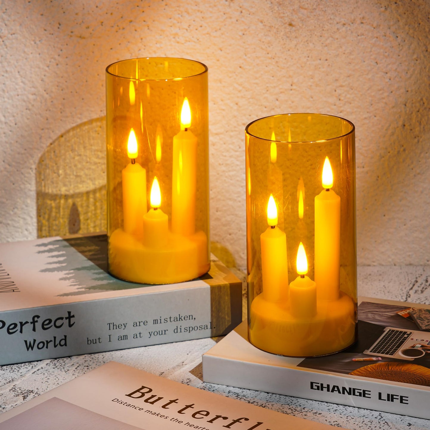 2 Pack 3D Wick Flameless Taper Candles, Champagne Transparent Acrylic Cover, Remote Control Flickering LED Candles, Battery Operated Electric Candles for Wedding Party Christmas Home Table Decor.