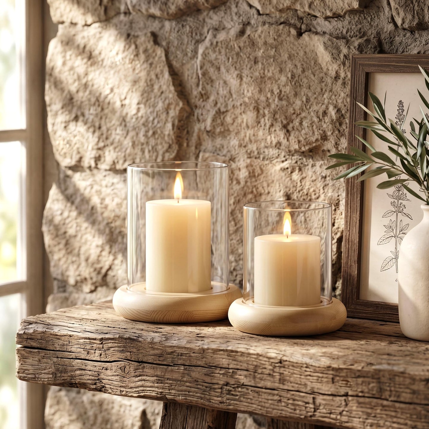 Set of 2 Hurricane Glass Candle Holders with Natural Brown Wood Base Decorative Candle Lantern, Farmhouse Rustic Boho Table Centerpieces Decor for Living Room, Outdoor Home Decor