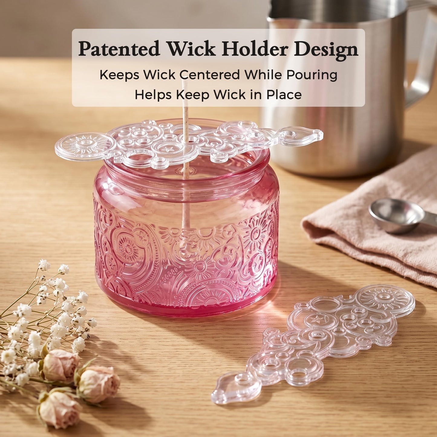 18-Pack 4oz Embossed Glass Candle Container with Bamboo Lids and Labels, Pink Candle Jars for Making Candles, Sun Moon Star Design