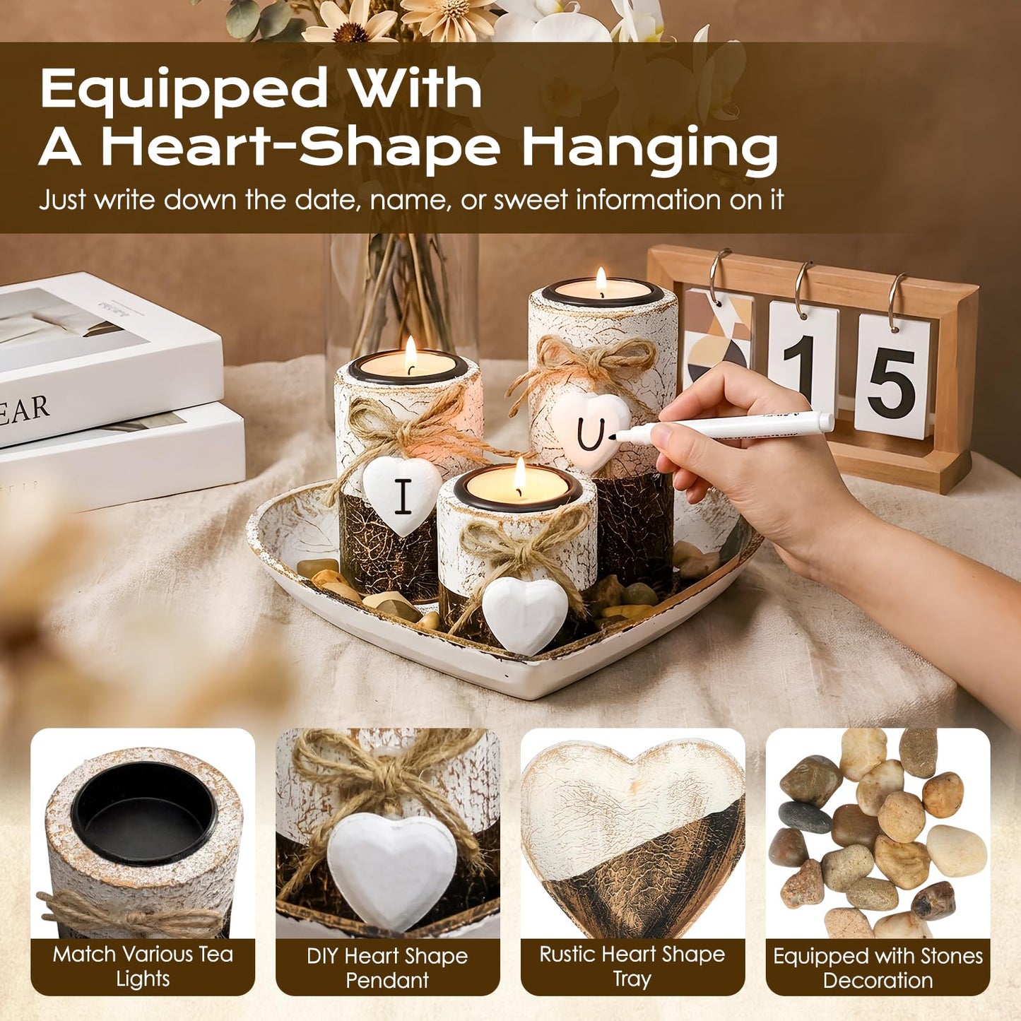 Teeloray Farmhouse Candle Holders 3 Pack Rustic Wooden Pillar Candle Holder with Heart Tray and Stones Tealight Candles Holders Farmhouse Centerpiece for Coffee Table Mothers Day Valentines Home Decor