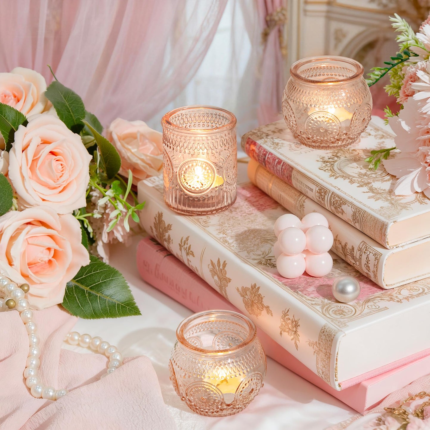 WELLIFE 24-Piece Pink Glass Votive Candle Holders Set – Tealight Candle Holder Glass Bulk with 12 Round & 12 Sunflower Textured Cups, Pink Votive Candle Holders for Weddings, Parties, Home