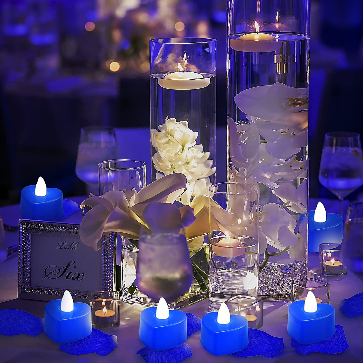 Honoson 1000 Pieces Artificial Rose Petals with 24 Pcs Flameless Heart Shaped LED Tealights Candles Special Romantic Night Decorations for Proposal Wedding Anniversary Table Decor(Blue)