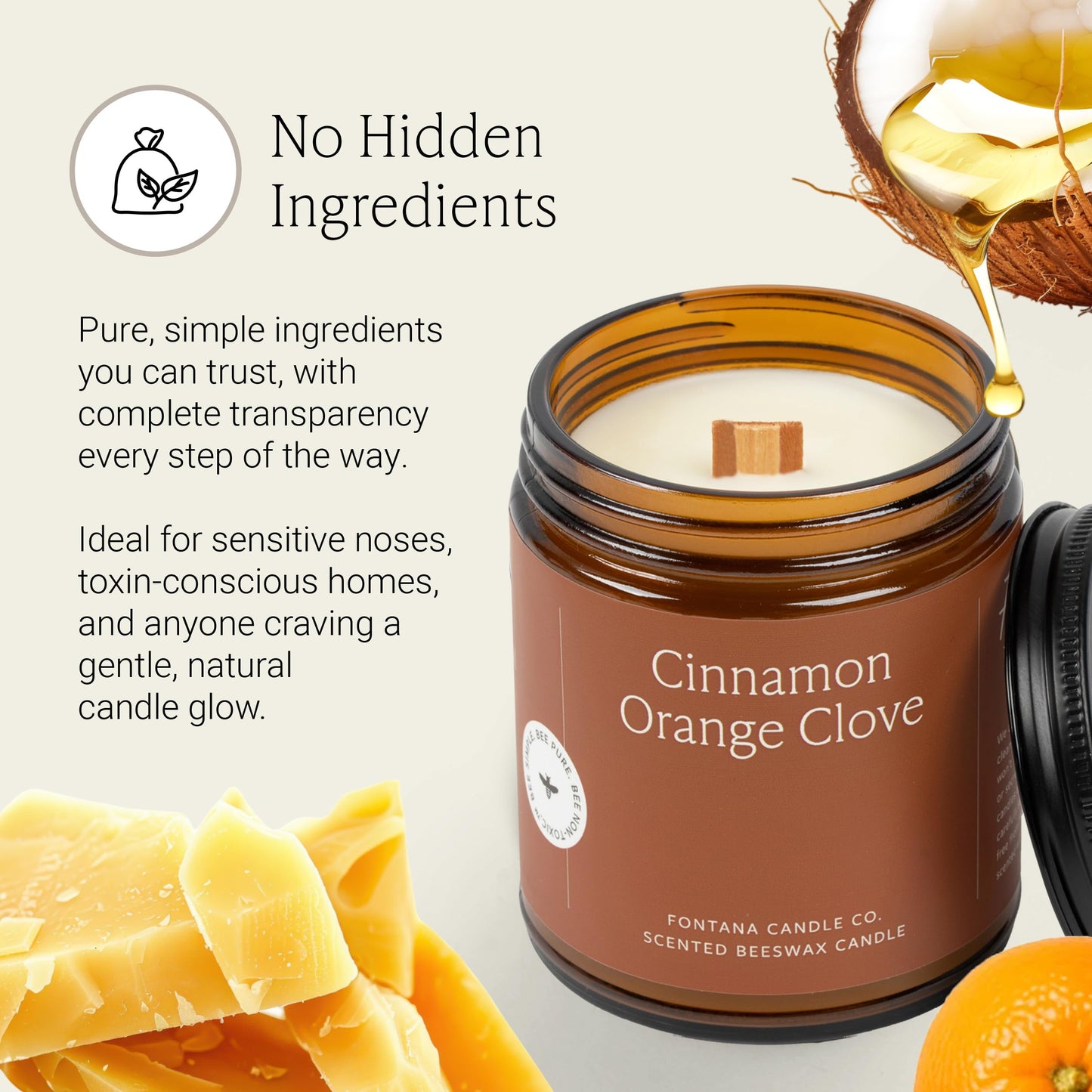 Fontana Candle Co Wood Wick Beeswax Jar Candle, Cinnamon Orange Clove – Made Safe with Coconut Oil & Pure Essential Oils – 35+ Hrs Clean Burn, Long Lasting and Non-Toxic Candles for Home & Room Decor