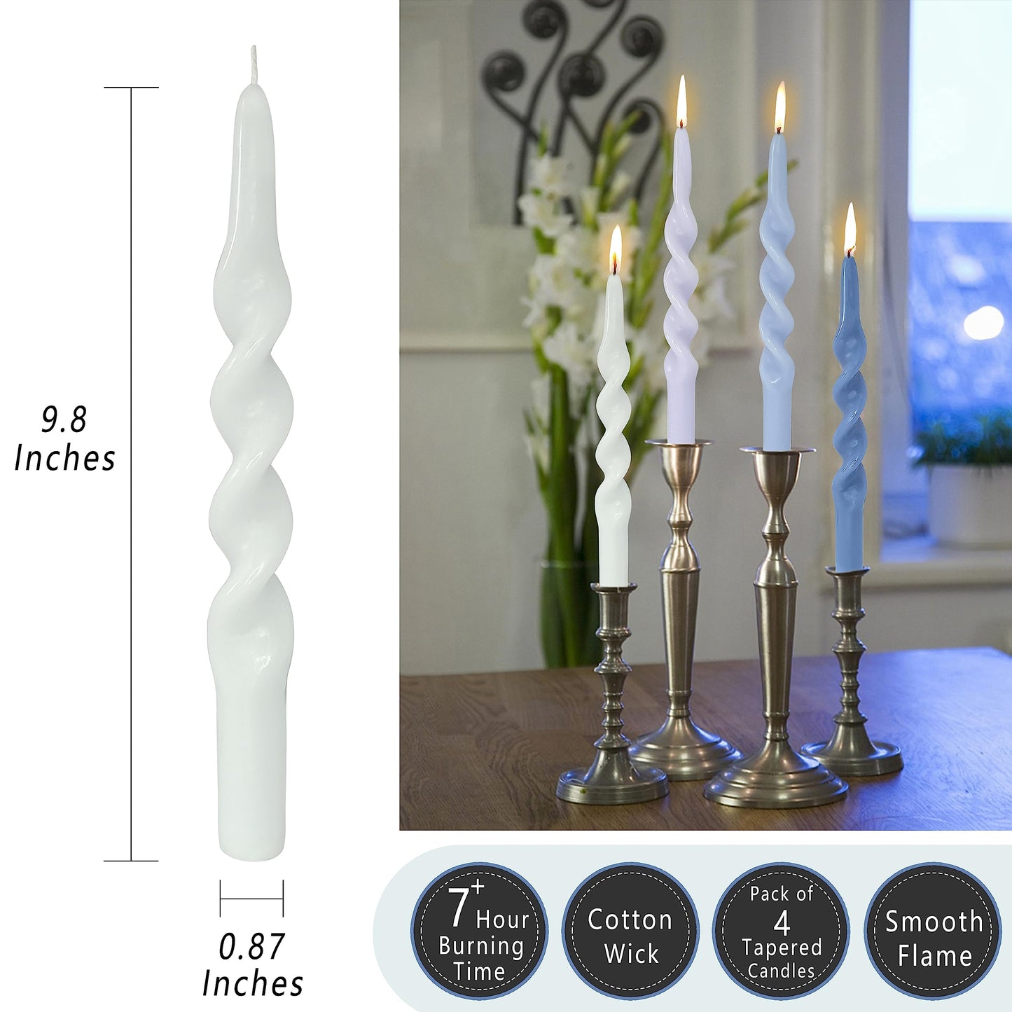 4Pcs Spiral Taper Candle Twisted Candlesticks Blue Gradient Handmade Candle Stick Light Blue Dinner Unscented Candles Long dripless Taper Candles for Home Décor Weddings Festive Seasons Holiday