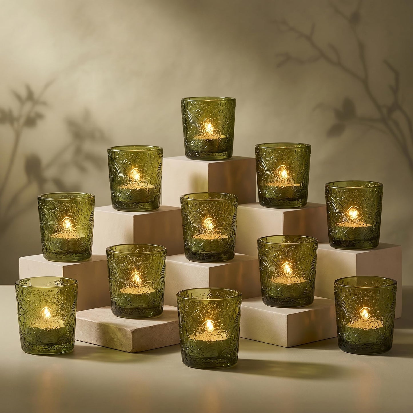 12 Pack Hummingbird Embossed Glass Candle Holders – Votive Tealight Holders with Patent Design, Decorative Embossed Glass Cups for Wedding Centerpieces, Parties, and Home Décor (Moss Green)