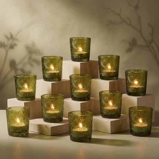 12 Pack Hummingbird Embossed Glass Candle Holders – Votive Tealight Holders with Patent Design, Decorative Embossed Glass Cups for Wedding Centerpieces, Parties, and Home Décor (Moss Green)