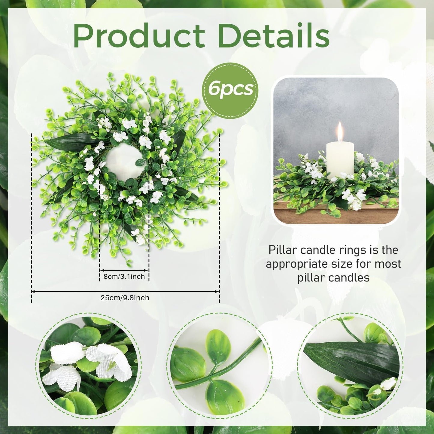 6 Pcs Green Boxwood Candle Rings Wreaths Mini Spring Summer Forsythia Wreath for Front Door Artificial Rings Wreaths with White Flowers for Pillar Porch Wall Window Farmhouse All Seasons Decor