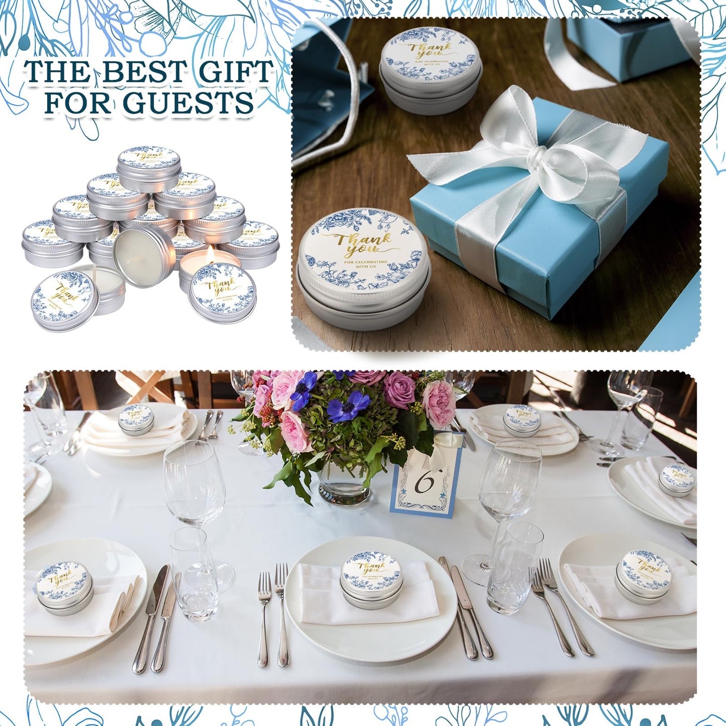 MTLEE 50 Pcs Blue Floral Wedding Candles Gift Favors for Guests 1 Oz Lavender Scented Soy Wax Aromatherapy Candle Favors for Bridal Shower Rustic Wedding Party Guests(Blue Floral)