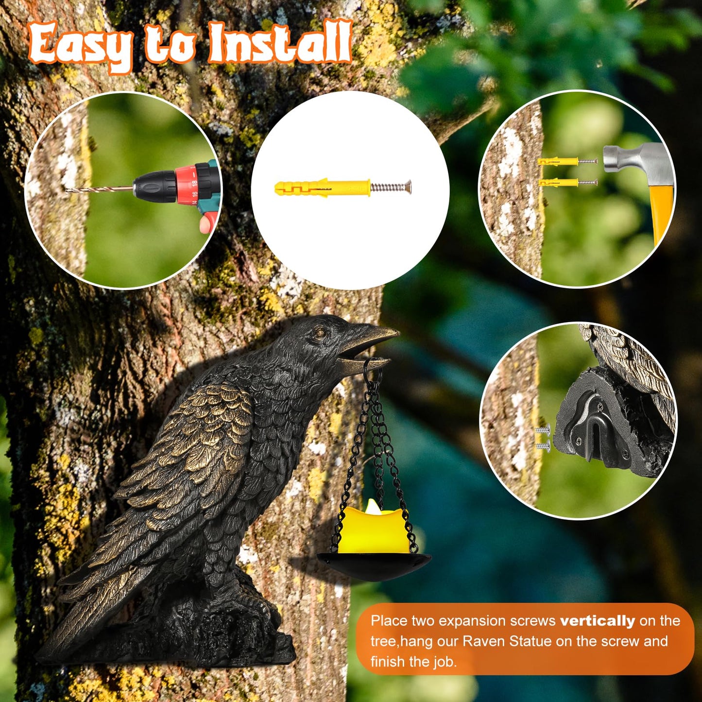 Gothic Crow Wall Art Decor Outdoor Wall Sconce Raven lamp Table Candle Holder Halloween Wall Decor for Patio Garden Bedroom Resin Tealight Statue Wearing Gold