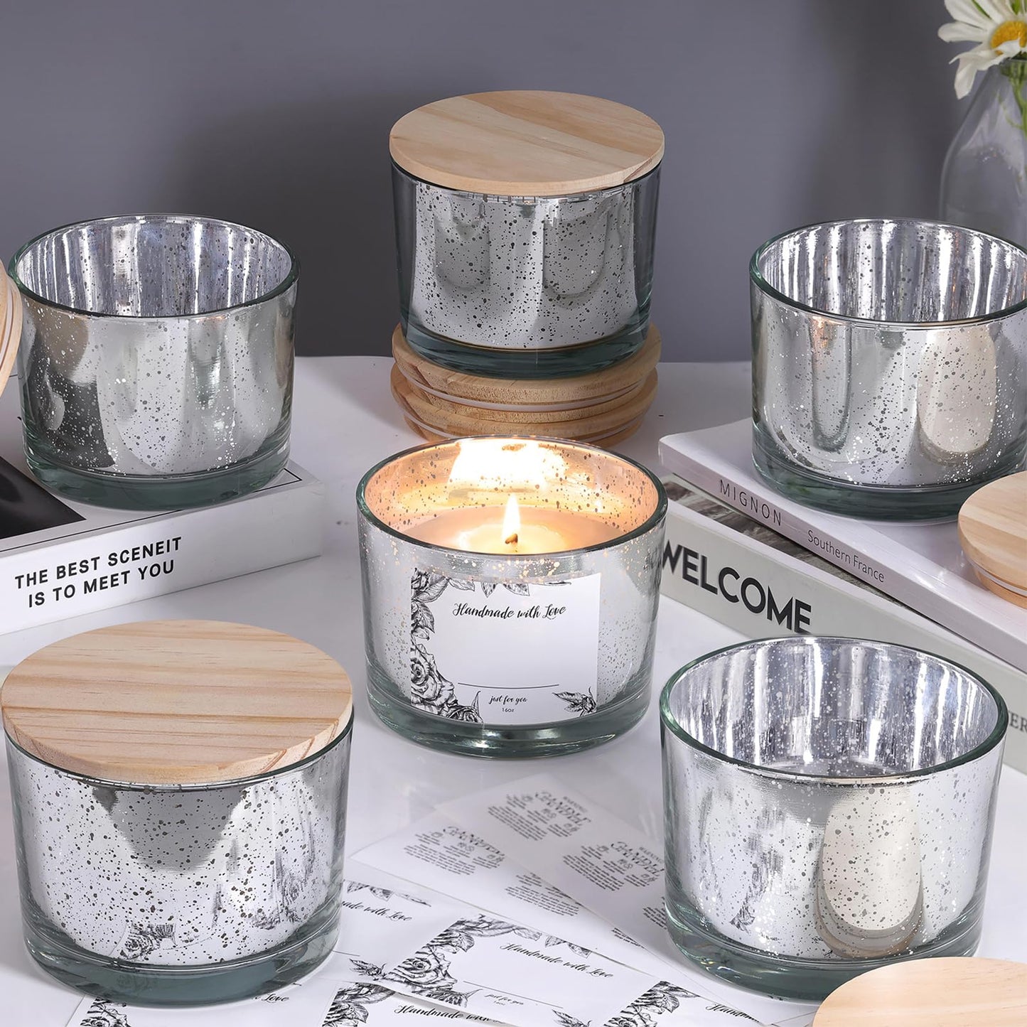 simeitol 16 OZ Speckled Silver Candle Jar for Making Candles 6 Pcs, Glass Candle Jars with Airtight Bamboo Lids - Empty Candle Jars Bulk with Sticky Warning Labels - for Home, Wedding, Christmas