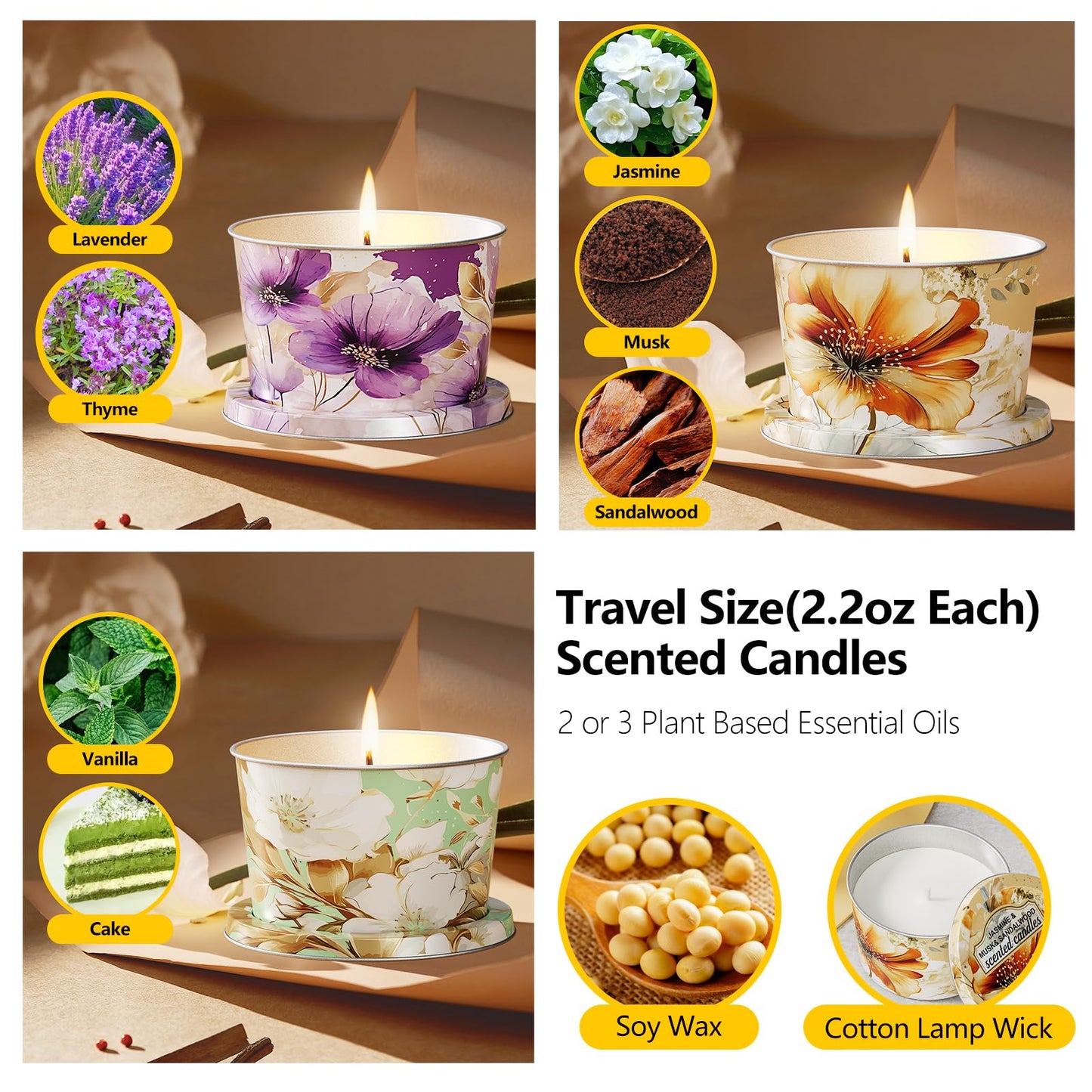 3 Pack Scented Candles-Lavender & Thyme, Vanilla Cake, Jasmine & Musk & Sandalwood, Travel Tin Candle Set, 2.2oz Each, 8-10h Burn Time, Soy Wax, Cotton Wick
