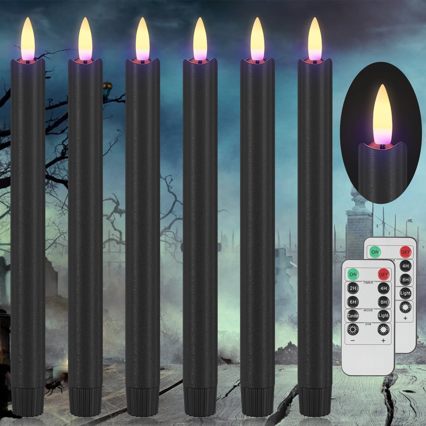 AFINETH Black Flameless Taper Candles with Remote, 9.6" Halloween Battery Operated Candles 3D Wick, 6 Pack Real Wax Led Candlesticks Flickering Electric Candle for Halloween, Home, Party Decor