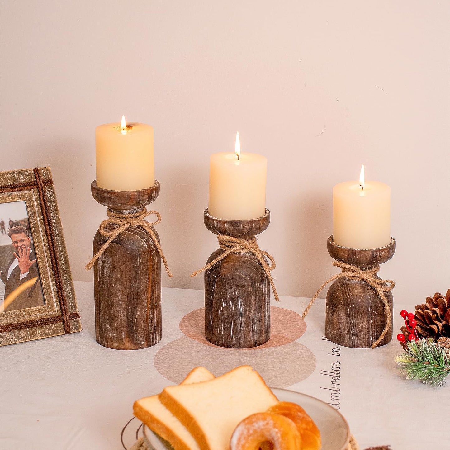 Farmhouse Wooden Candle Holders for Pillar Candles, Brown Distressed Set of 3 Rustic Wood Pillar Wood Candle Stands with Hemp Rope Bow Table Centerpiece Decor for Fireplace, Living, and Dining Room