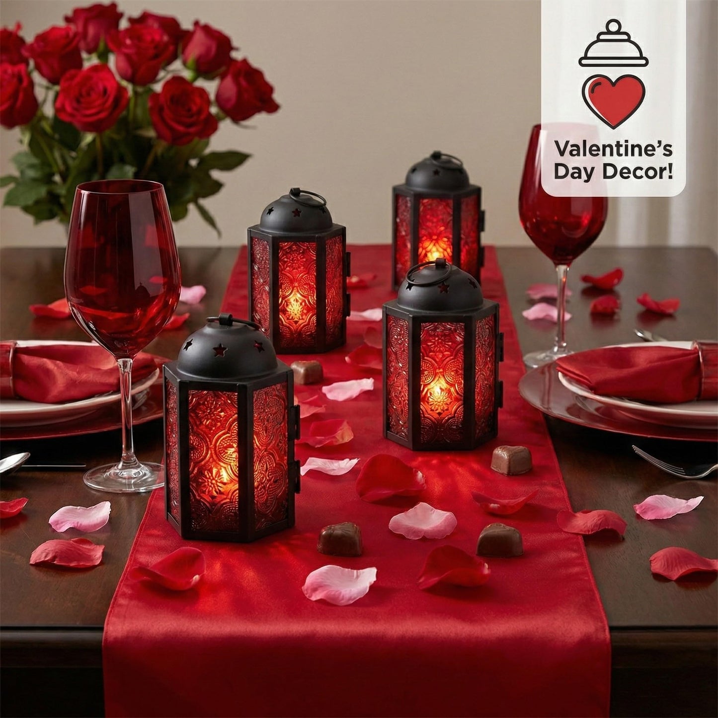 VELA LANTERNS Mini Moroccan Tea Light Candle Holder Lanterns – 4.25" Small Decorative Lantern for Table or Hanging, Metal with Glass Panels – Ramadan, Wedding, Home Decor, Ruby Red (Set of 4)