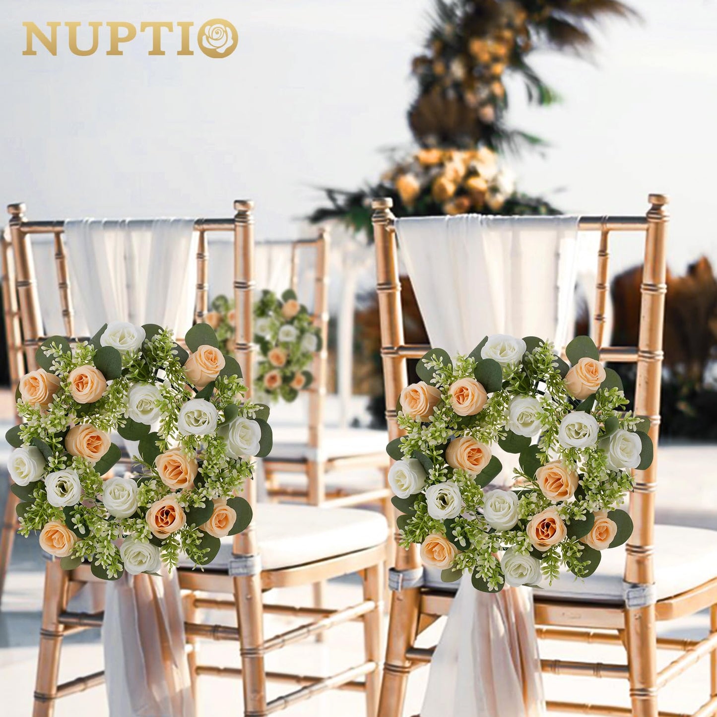 NUPTIO Flower Candle Rings Centerpieces: 13.4 Inch Champagne & White Artificial Rose Wreath for Wedding Party Christmas Decorations - Spring Summer Front Door Porch Decor 2 Pcs