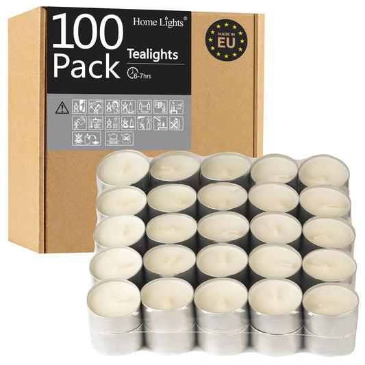 HomeLights Unscented White Tealight Candles -100 Pack, 6 to 7 Hour Burn Time Smokeless, Mini Votive Paraffin Candles with Cotton Wicks for Shabbat, Weddings, Christmas, Home Decor
