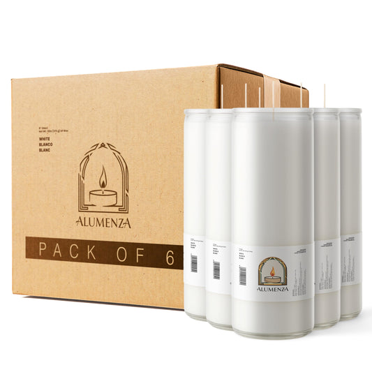 Alumenza Bulk 6 Pack White 7 Day Candles in Glass Jar – Paraffin Wax, Clean Burning Unscented | Vela Blancas Devotional Prayer Pillar Candle for Home, Memoria, Spells, Long Lasting