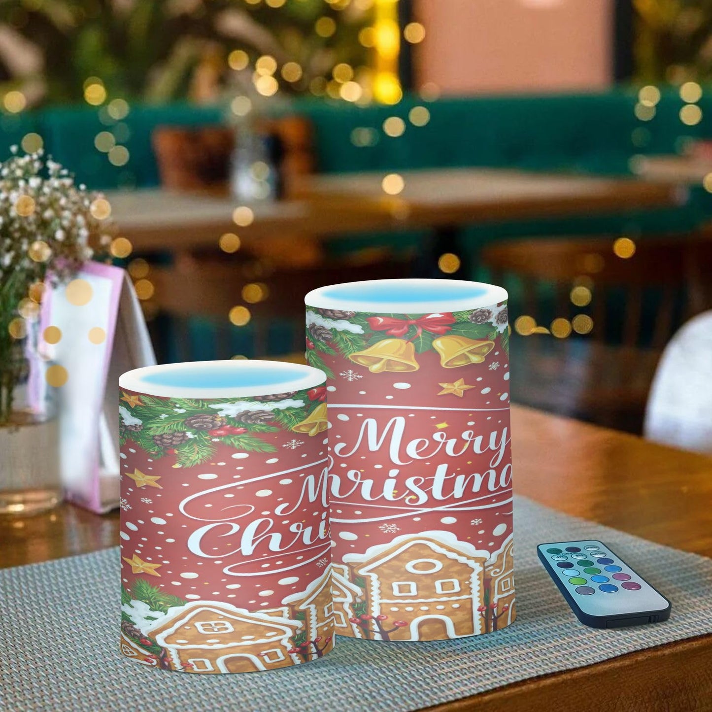 BOENLE Flickering Flameless Candles, Christmas Gingerbread Holly Berry Bell LED Candles with Remote Timer, Set of 2 Battery Operated Candle for Valentine Wedding Birthday