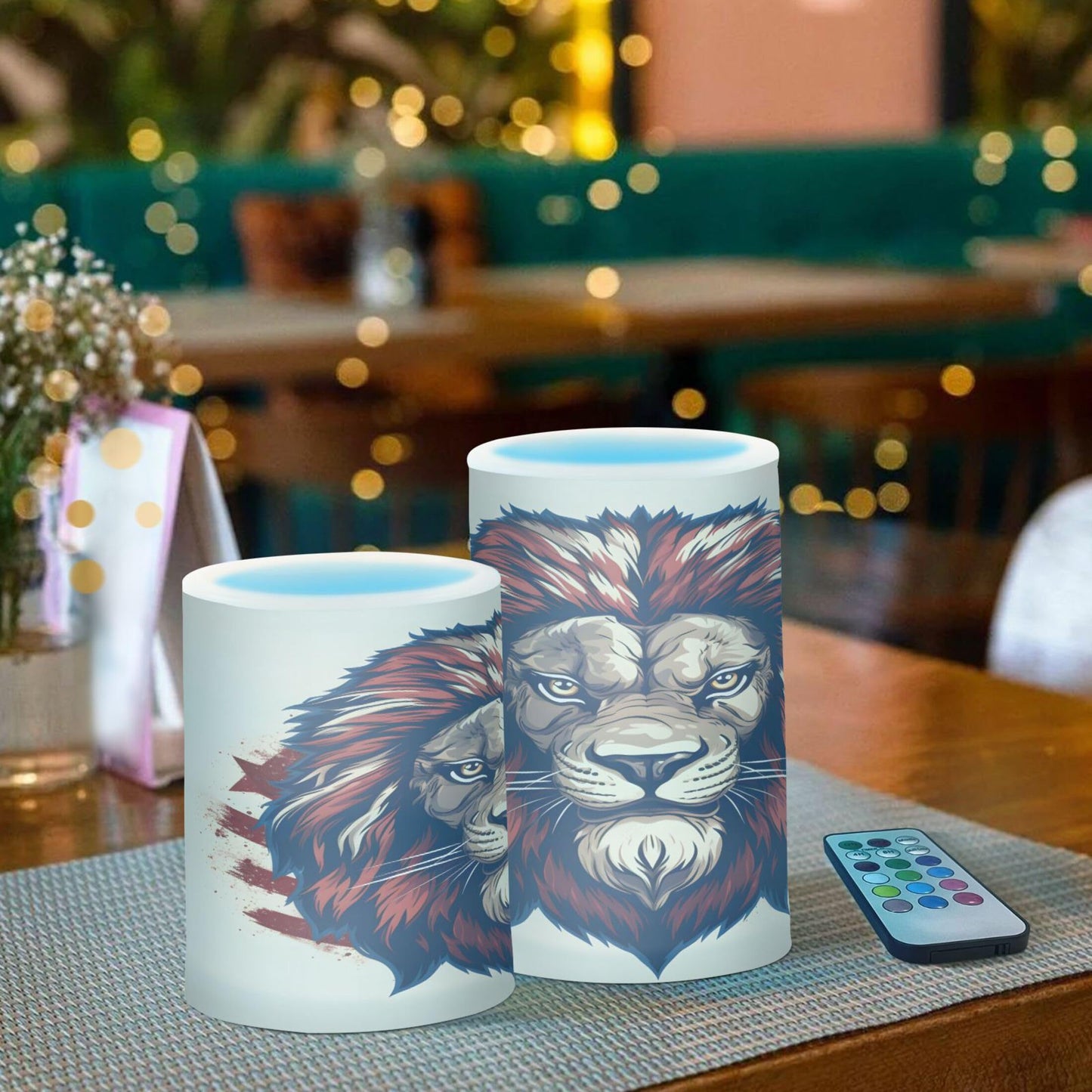 Grgvtei Flameless Candles Ferocious Lion Head Flickering LED Pillar Candles with Remote & Timer, Battery Operated Set of 2 Warm Glow for Wedding Party Home Decoration