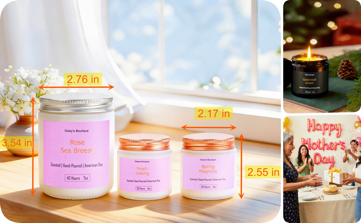 3 Pack Scented Candles for Home Aromatherapy Candle Gift Set Soy Wax Long Lasting Gift Birthday Mother's Thanksgiving Day Present (White Jar (Peach Oolong + Rose + Magnolia)
