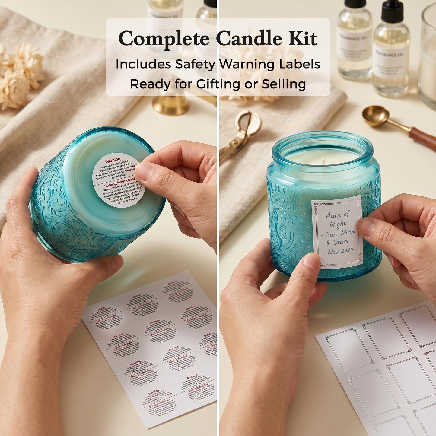 10 oz Embossed Glass Candle Container with Bamboo Lids and Labels, Clear Candle Jars for Making Candles, Sun Moon Stars Design - Pack of 9 (Blue)