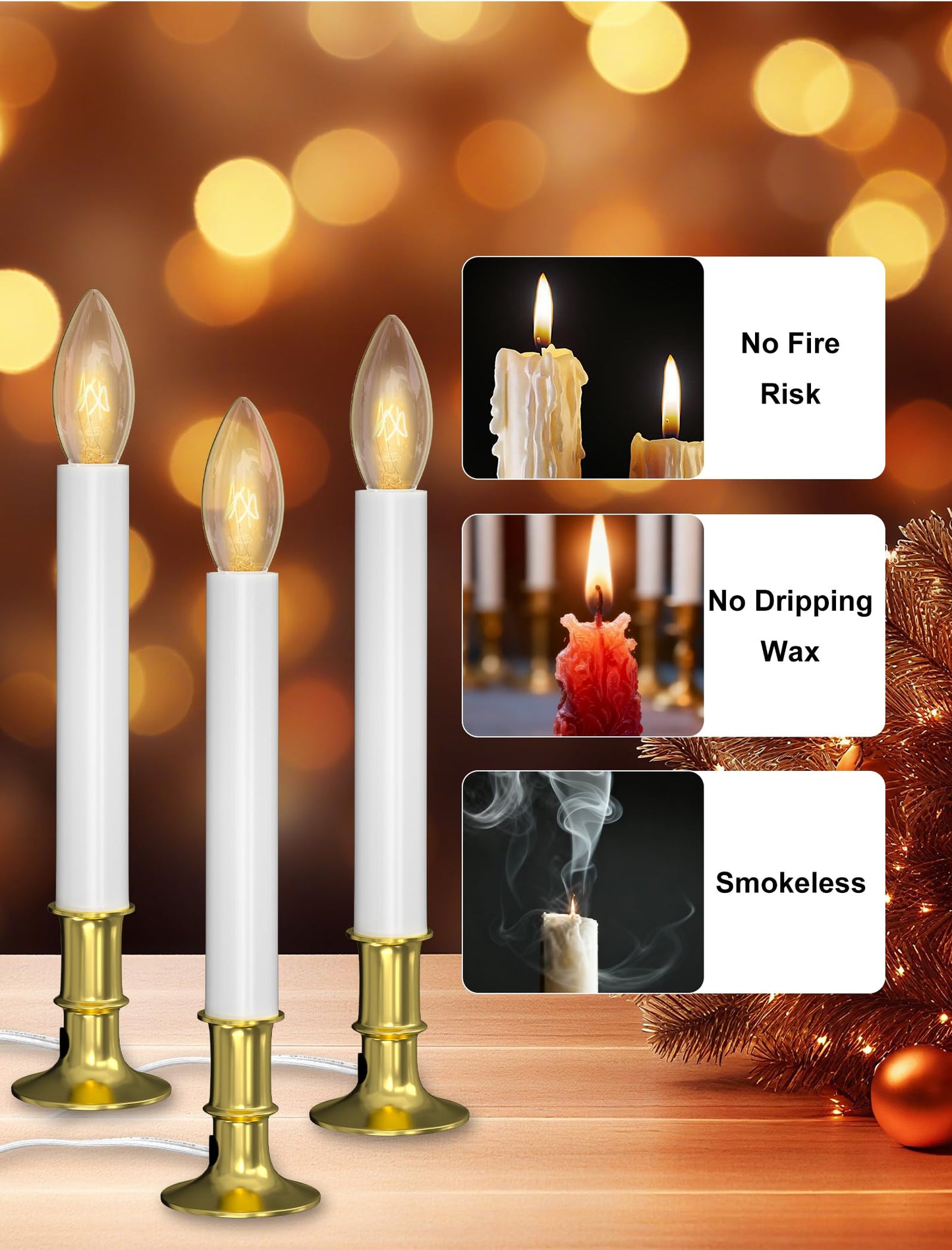 Txcigech Electric Christmas Window Candle Lights - 4-Pack with Dusk-to-Dawn Auto Sensor, Plug-in Corded Window Candle Lamps with C26 Incandescent Bulbs for Holiday Home Decor