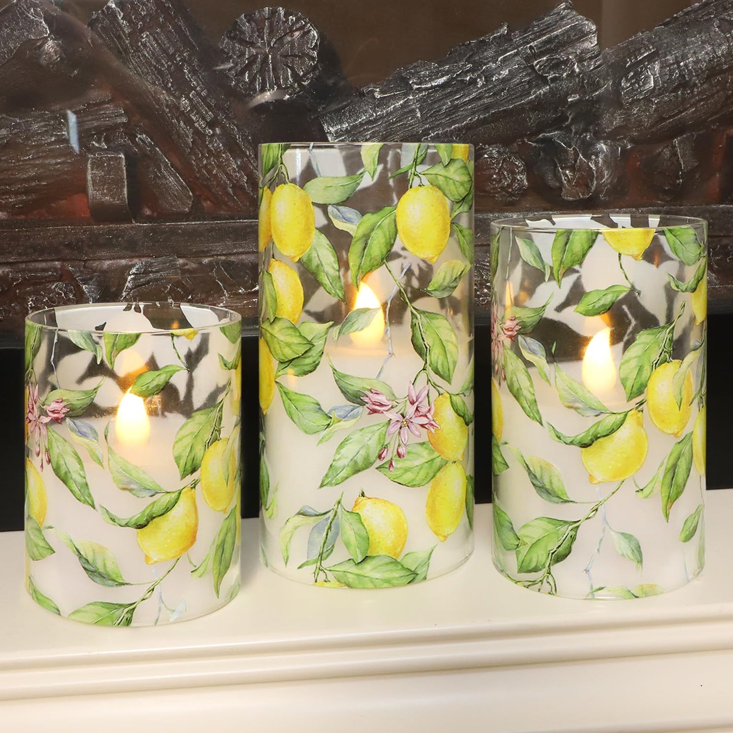 FLAVCHARM Lemon Glass Flameless Candles with Remote Timer Battery Operated LED Flicker Real Wax Pillar Candles Spring Summer Lemonade Party Kitchen Table Dinner Christmas Holiday Decor D3 x H4, 5", 6"