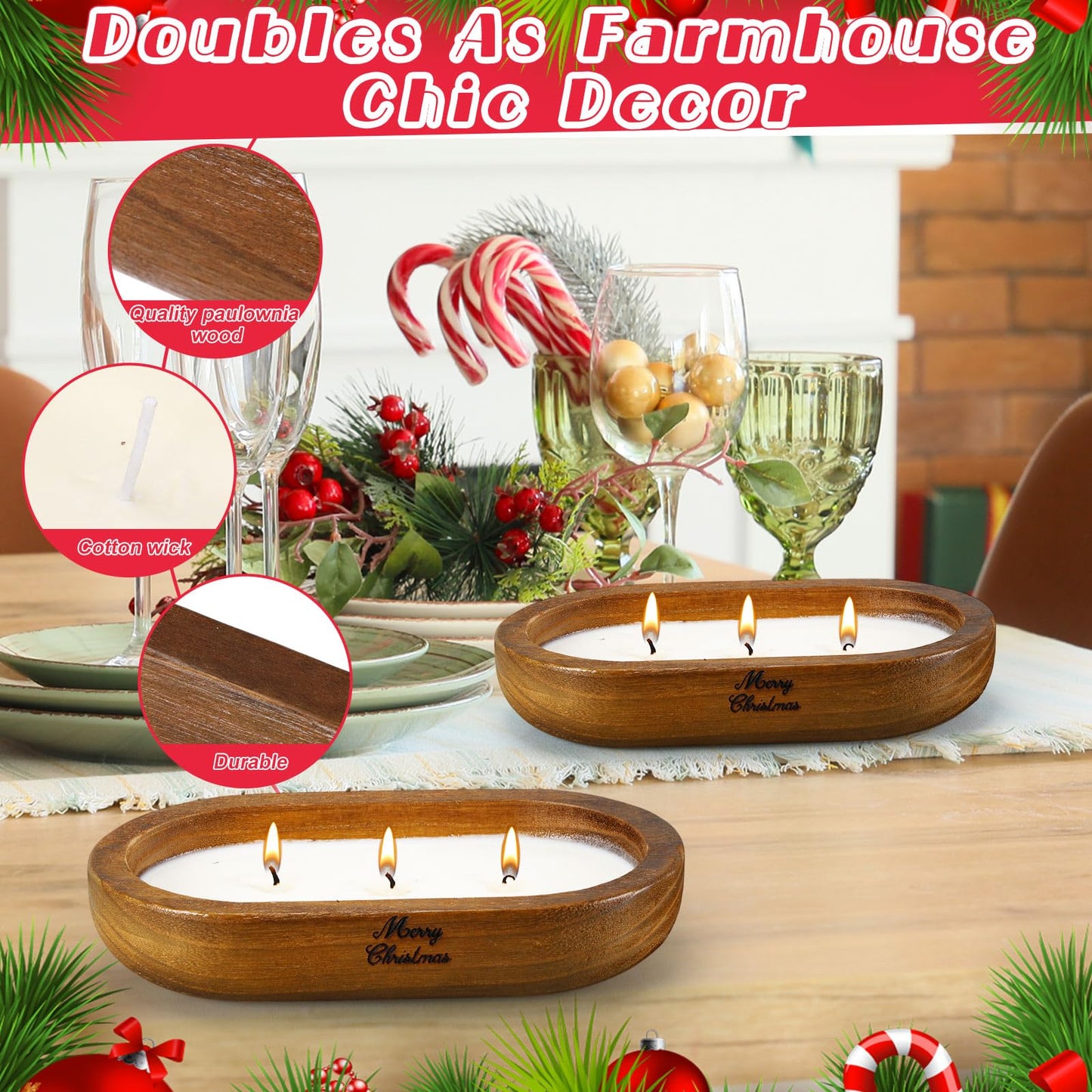 MTLEE 2 Pack Dough Bowl Christmas Candle Wood Candle 9.4 x 5.7 x 1.8 Inch Scented Candles for Home Wooden Candle Bowl 3 Wick Decorative Candles for Home Decor Farmhouse Gift for Christmas