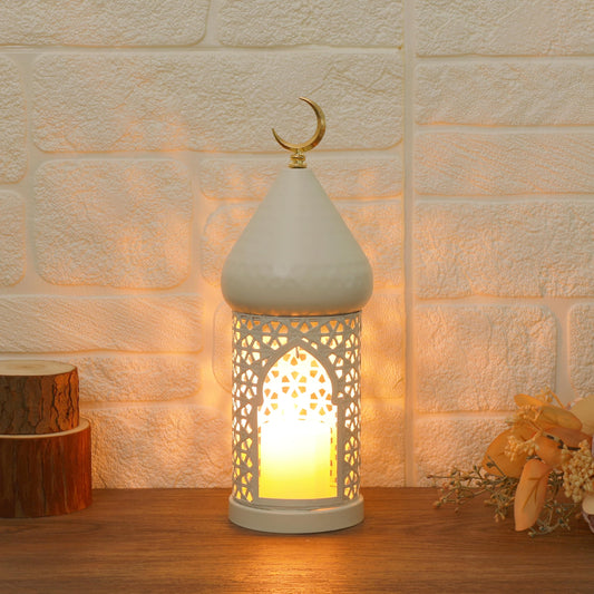 12.4inch Moroccan Lantern Lamp Decorative Candle Holders for Ramadan Decorations, Hanging, Outdoor Patio or Porch, Indoor Home Decor（White）