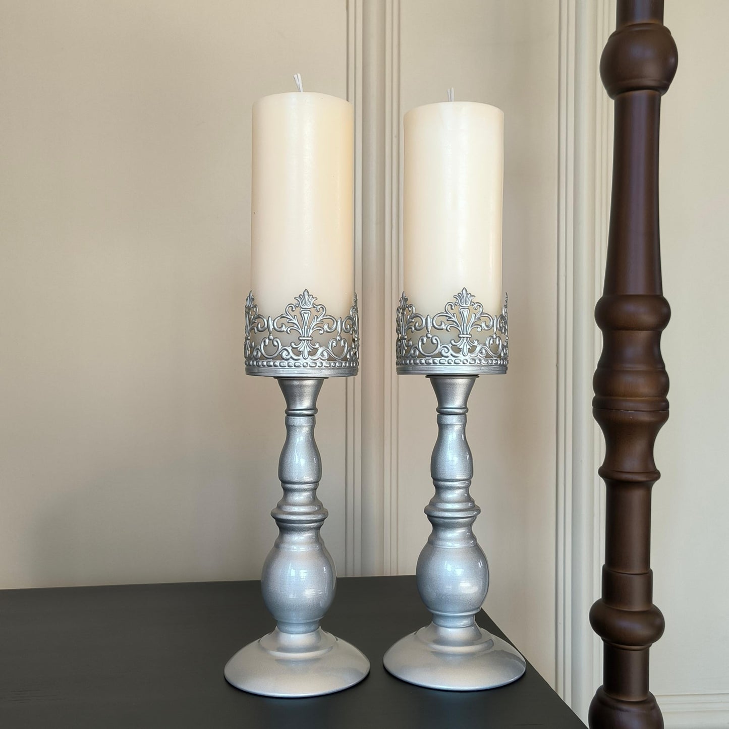 Candle Holders for Pillar Candles Gothic Matte Pearl Silver Tall Candle Holders Set of 2 Decorative Large Table Centerpieces Candle Stand Decor (Pearl Silver 2PCS A)
