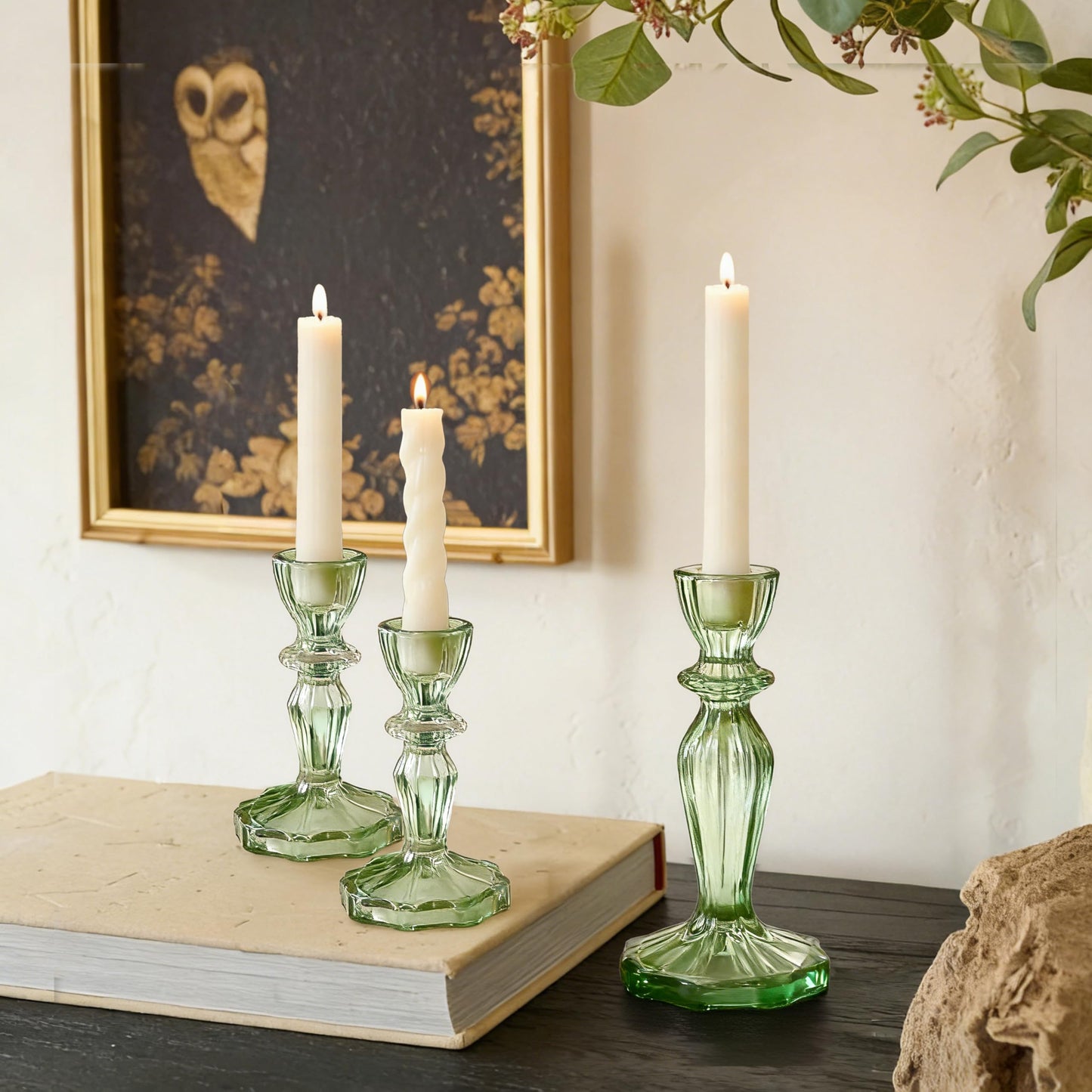 CHOCSTAY Glass Candlestick Holders Set of 3, Green Stripe Taper Candle Holders for Table Centerpiece, Home Decorations, Wedding and Party