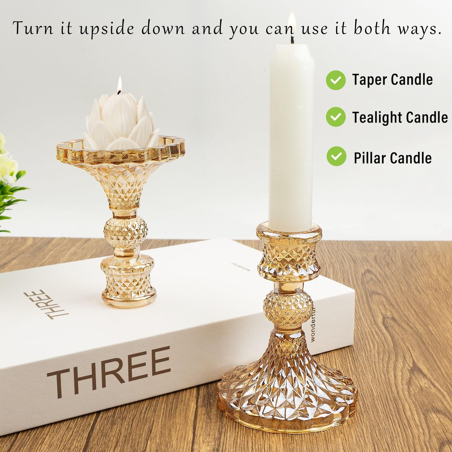 Crystal Glass Candlestick Holder Taper and Pillar Candle Holder Desktop Decoration for Wedding Dinning Party-3 pcs