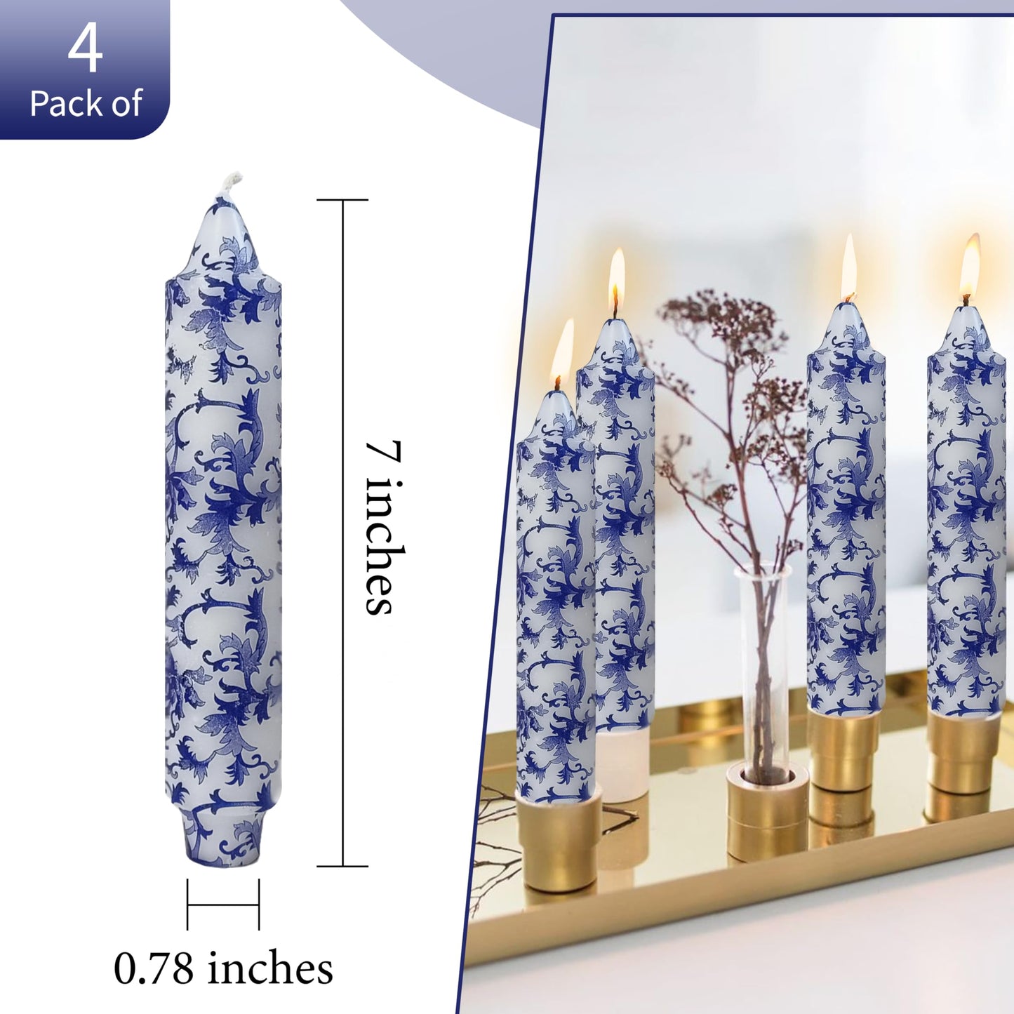7 Inch Blue and White Short Taper Candles Hand Poured Unscented Smokeless Clean Burning Chinoiserie Taper Candles for Wedding Dinner Home Meditation Morning Coffee Ritual Breakfast Table Everyday