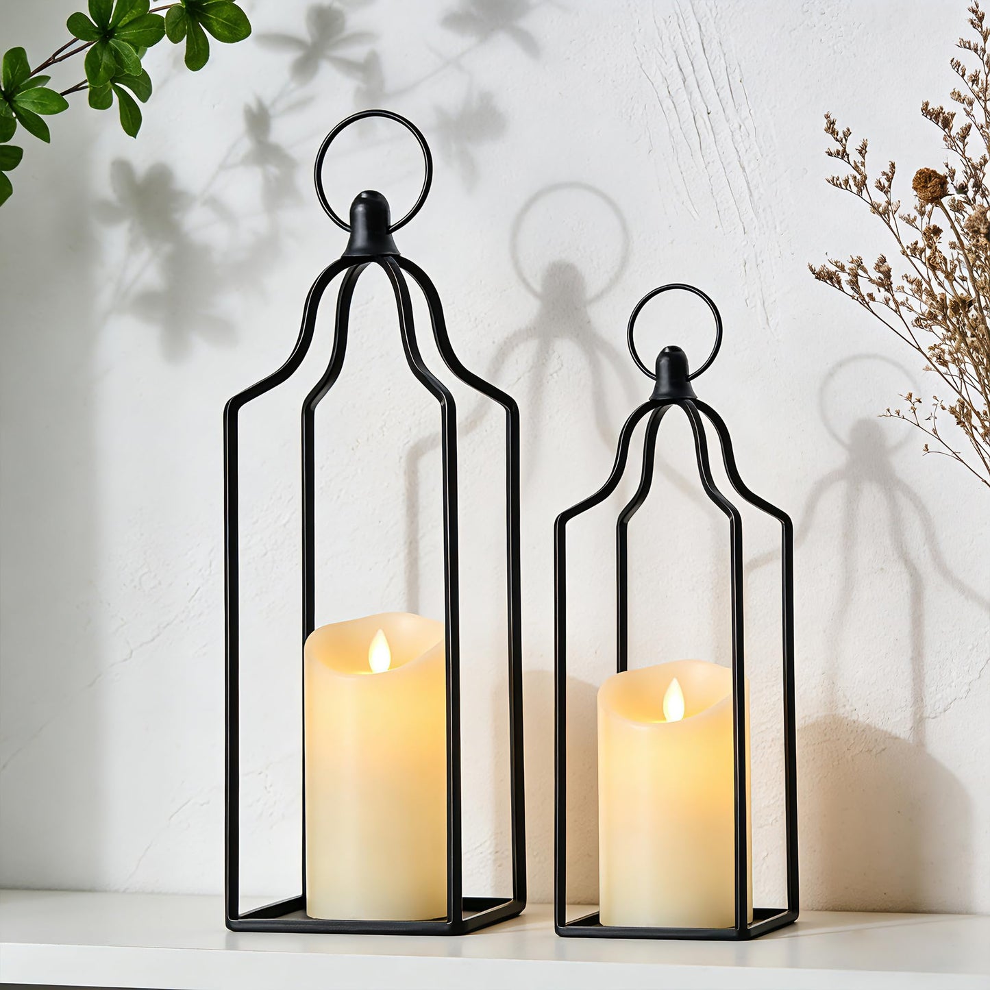 Rustic Farmhouse Decor Metal Lantern Set of 2 Decorative Lanterns for Home Indoor Outdoor Living Room, Fireplace, Patio, Wedding & Kitchen Table Centerpieces (Black, 14.5" 12.2")