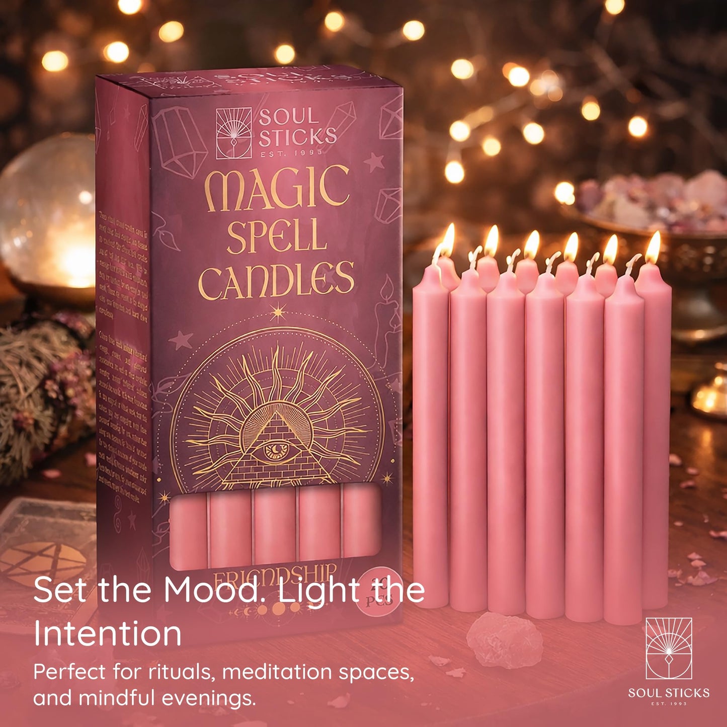 SOUL STICKS Friendship Magic Spell Chime Taper Candles 20 Pack - Ideal for Altar, Rituals, Ceremonies, Meditation Pink Taper Candle for Witchcraft Supplies, Wiccan Supplies, Candles Clearance