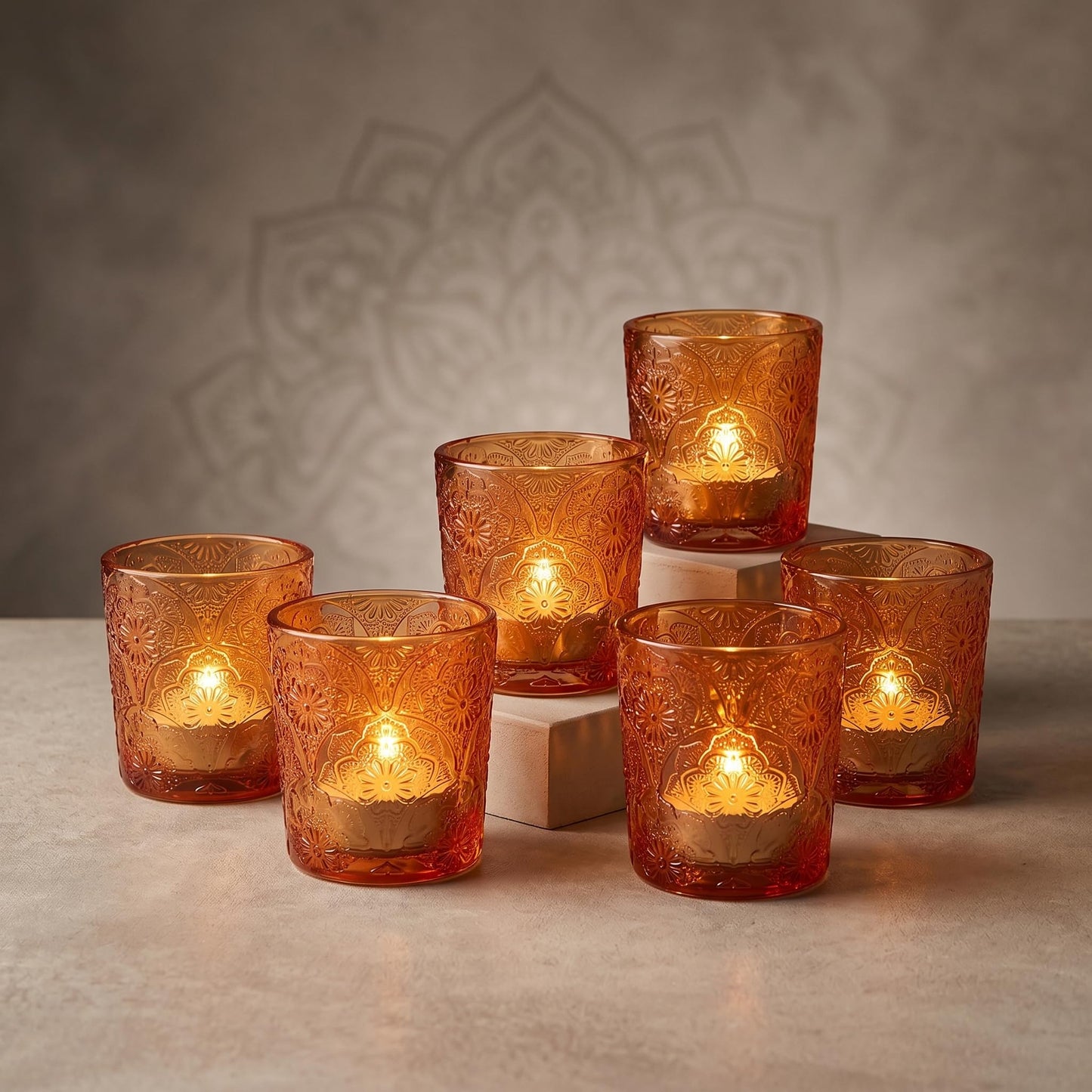 6 Pack Mandala Embossed Glass Candle Holders – Votive Tealight Holders with Patent Design, Decorative Embossed Glass Cups for Wedding Centerpieces, Parties, and Home Décor (Pumpkin Spice)
