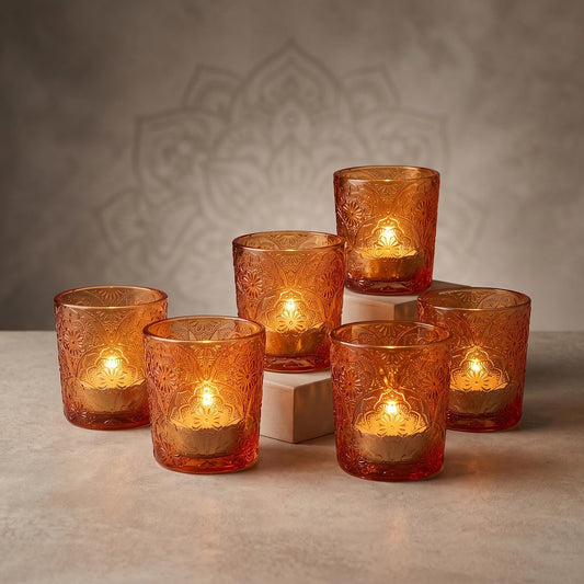 6 Pack Mandala Embossed Glass Candle Holders – Votive Tealight Holders with Patent Design, Decorative Embossed Glass Cups for Wedding Centerpieces, Parties, and Home Décor (Pumpkin Spice)