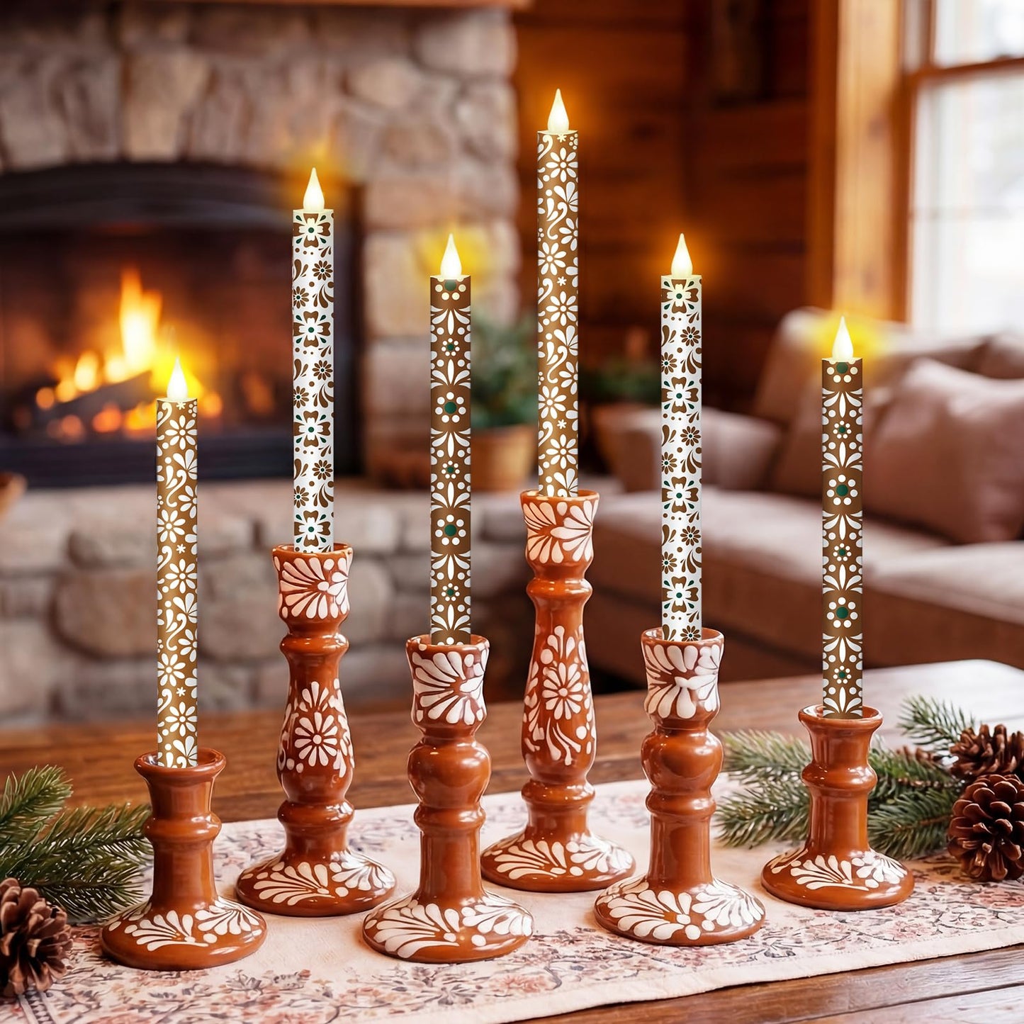 Lyrow 6 Pcs Mexican Cielito Lindo Flameless Taper Candles 11 Inch Real Wax LED Candles Flickering Battery Operated Candlesticks for Mexican Day of the Dead Home Dinner Holiday Decor Mexico Gifts