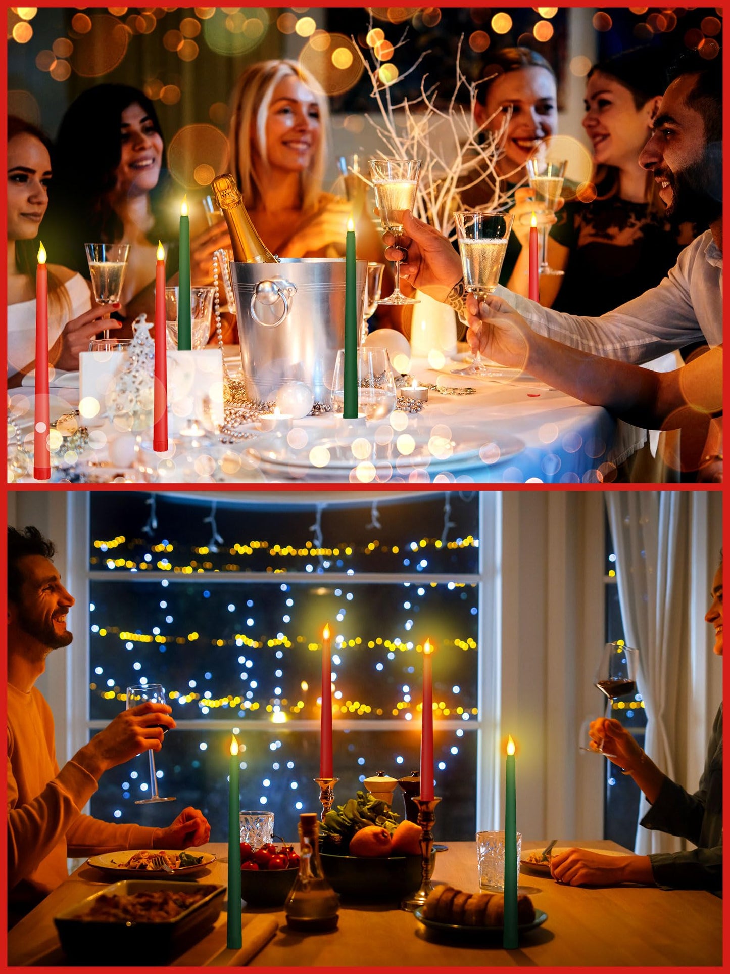 Funtery 48 Pcs Flameless LED Taper Candles Battery Operated Candles Bulk Realistic LED Candlesticks Flickering for Wedding Church Graduation Party Home Decor(Red, Green,Classic Style)