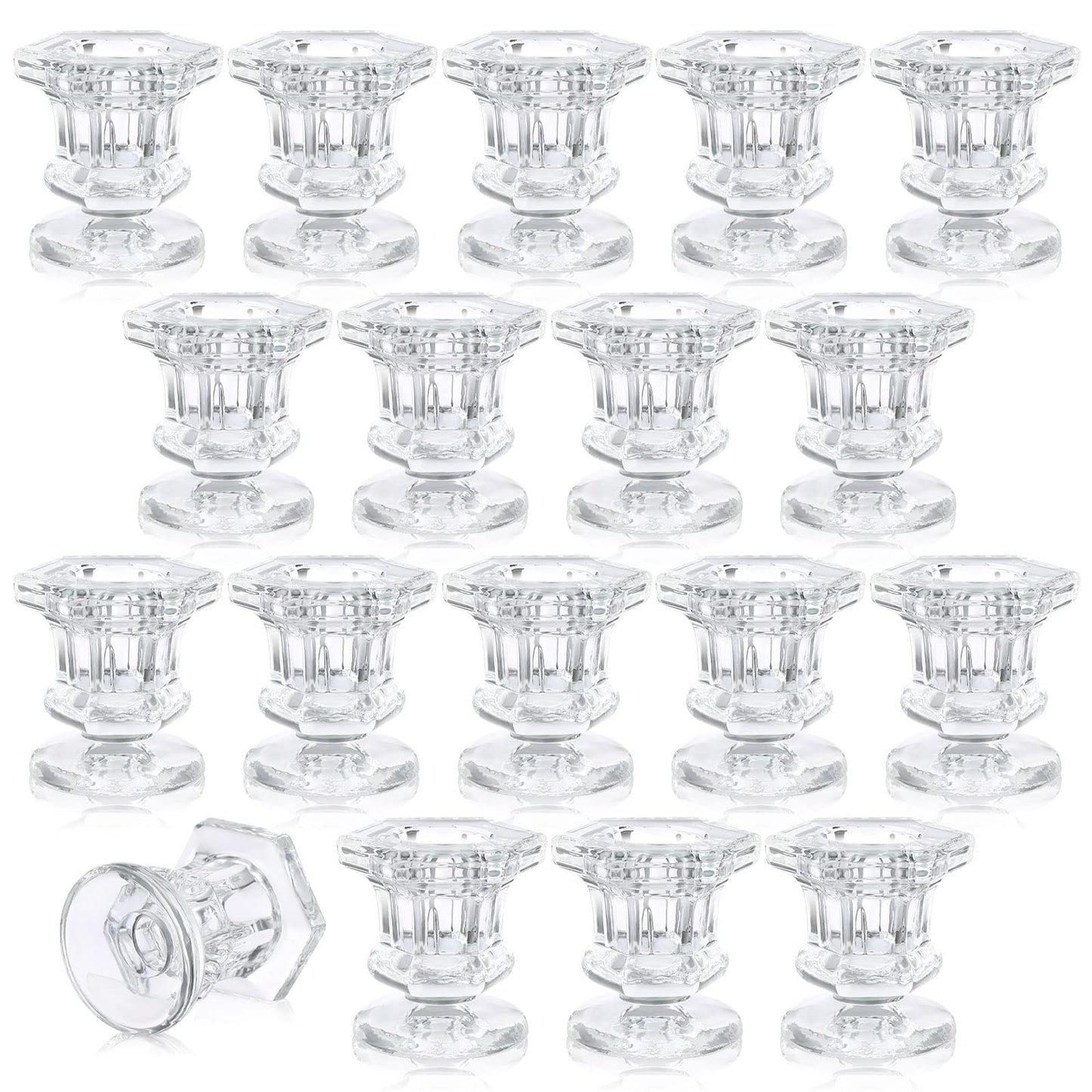 Potchen 18 Sets Glass Candle Holders Bulk Wedding Crystal Candlestick Holders Taper Candle Stands Table Centerpiece for Wedding, Baby Shower, Birthday Party Decorations(Clear,18 Pieces)