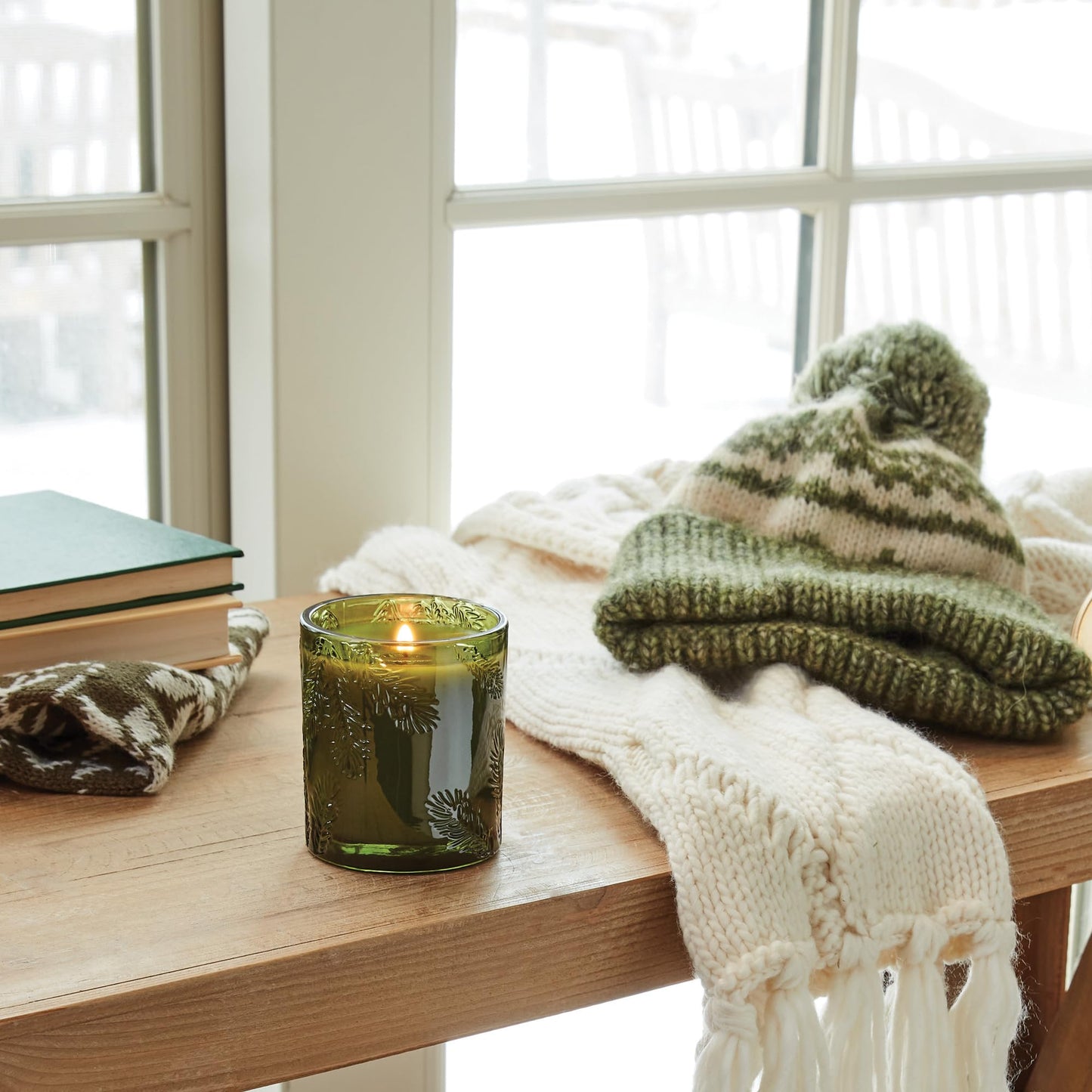 Thymes Frasier Fir Candle - Molded Green Glass Jar with Pine Needle Design - Winter Candle Gifts for Women & Men - Fresh Home Fragrance - Notes of Crisp Siberian Fir, Cedarwood & Sandalwood (6.5 oz)