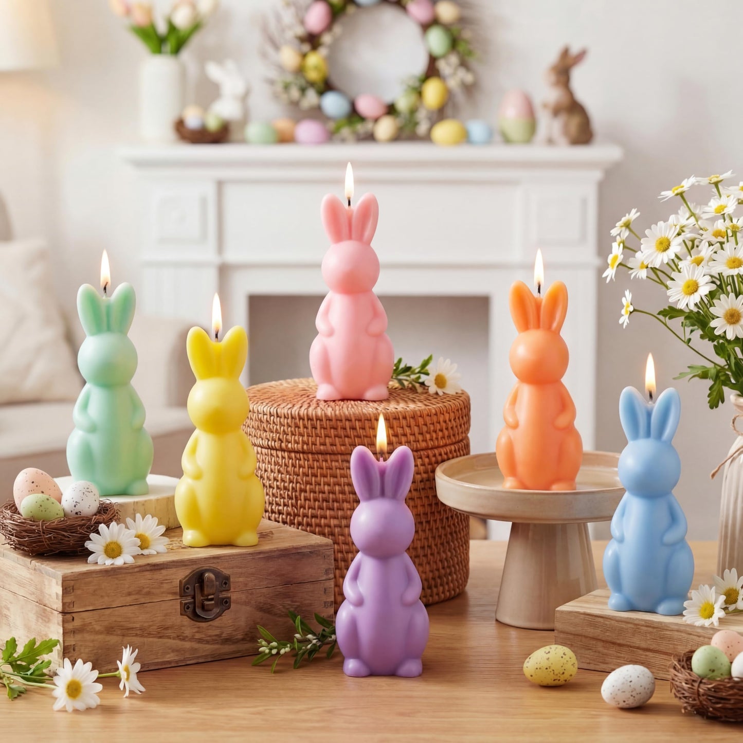 DoubleFill 6 Pcs Easter Bunny Candle Mini Pastel Easter Candles Cute Bunny Decorations Spring Rabbit Table Home Decor for Spring Party Favors Decoration Centerpiece