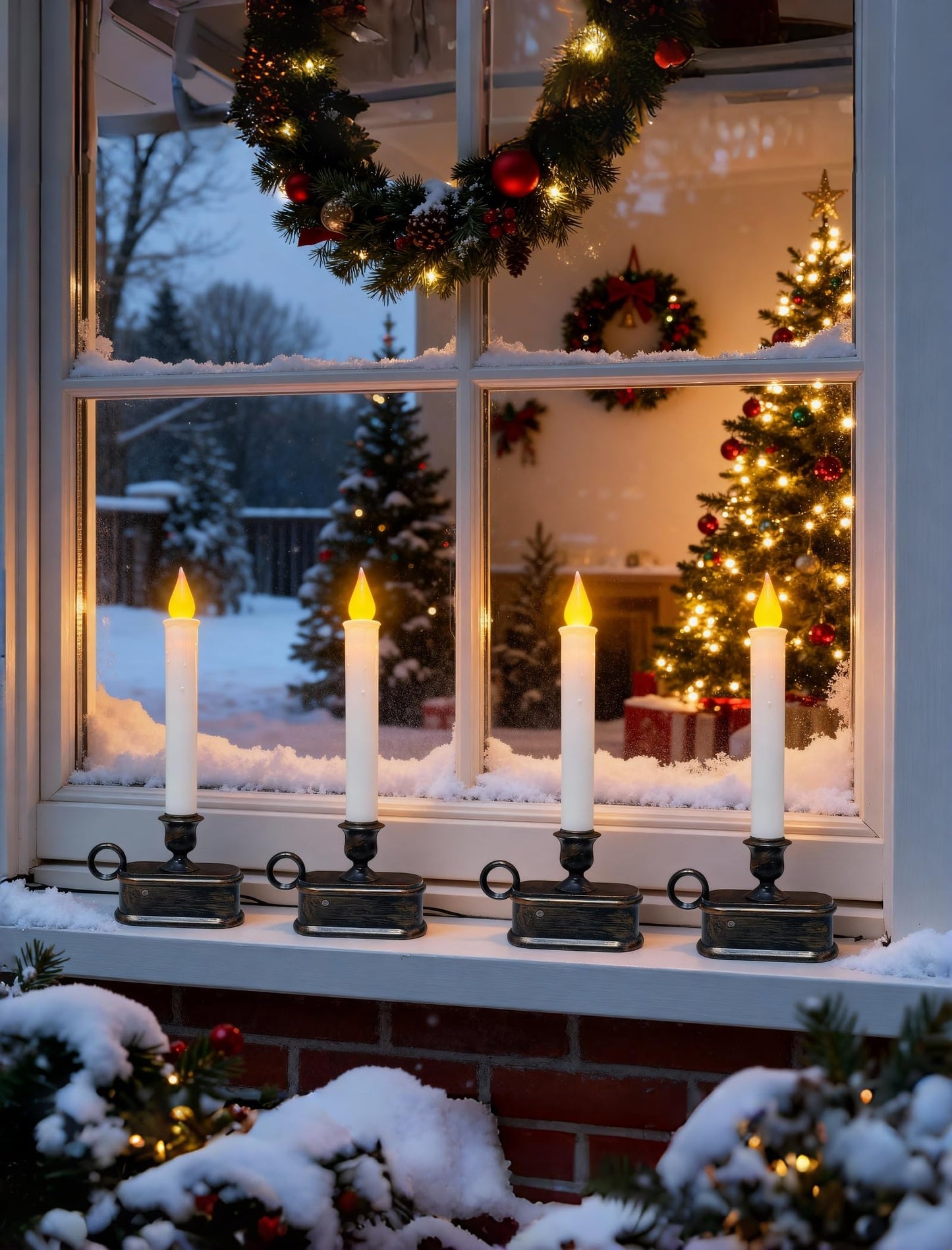 4 Pcs Christmas Window Candles with LED Electric Candles Flickering Lights, 10 Inch Battery Operated Candle with Sensor Dusk to Dawn for Table Party Christmas Decoration,Bronze Base